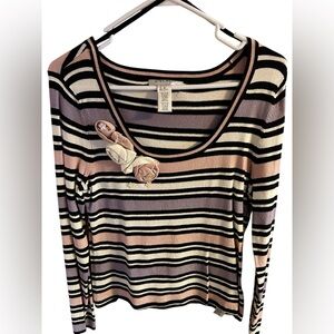 NWOT Nine West Multicolor Striped Sweater Floral Detail Medium